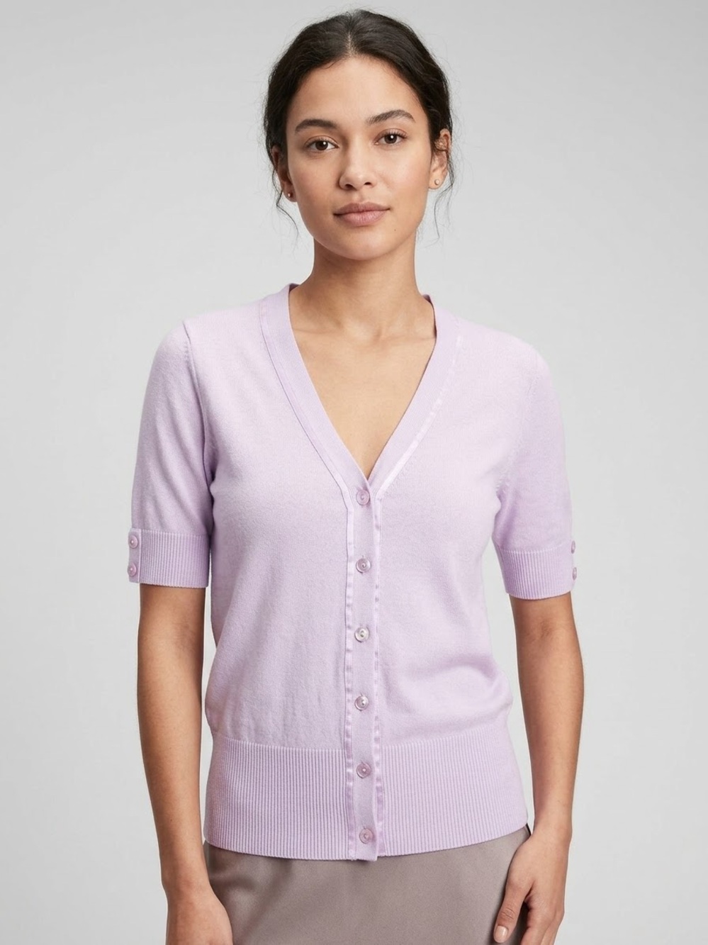 GAP V-Neck Short Sleeve Cardigan Knit Satin Ribbon Trim Button Front Sweater